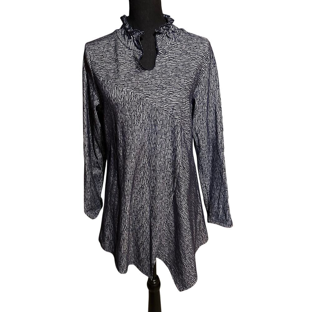 Creation Blue and White High Ruffle Neck Long Sleeve Women's S Small